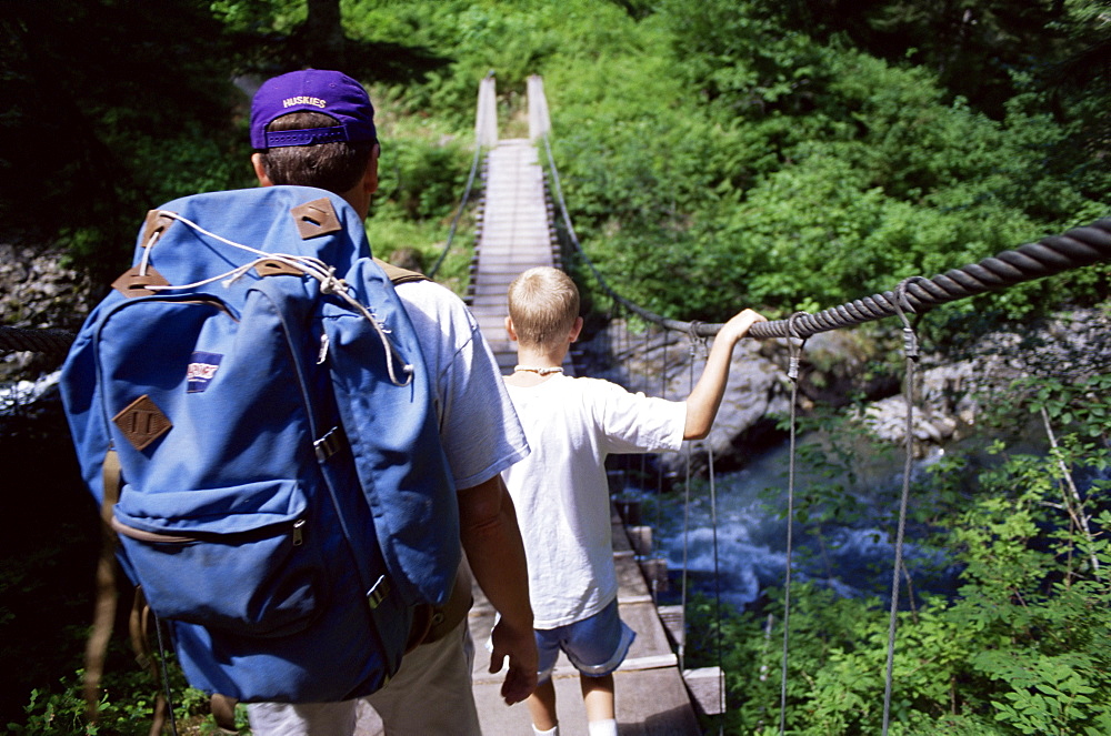 Father and son hike to Anderson Pass, Enchanted Valley, Olympic National Park, UNESCO World Heritage Site, Washington State, United States of America (U.S.A.), North America