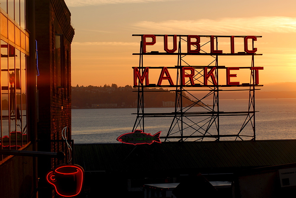 Pike Place market and Puget Sound, Seattle, Washington State, United States of America, North America