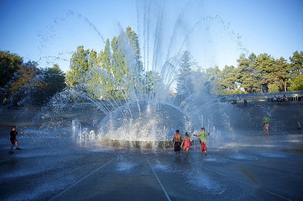 Children play in the fountain at Seattle Center, Seattle, Washington State, United States of America, North America