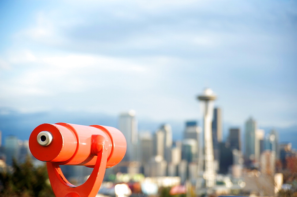 Telescope with view of Seattle skyline in distance, Kerry Park, Seattle, Washington State, United States of America, North America