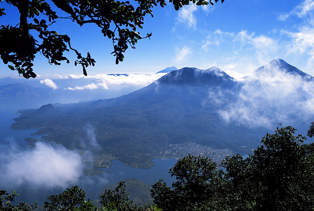 View of lake and town of Santiago, Lago Atitlan (Lake Atitlan), Guatemala, Central America