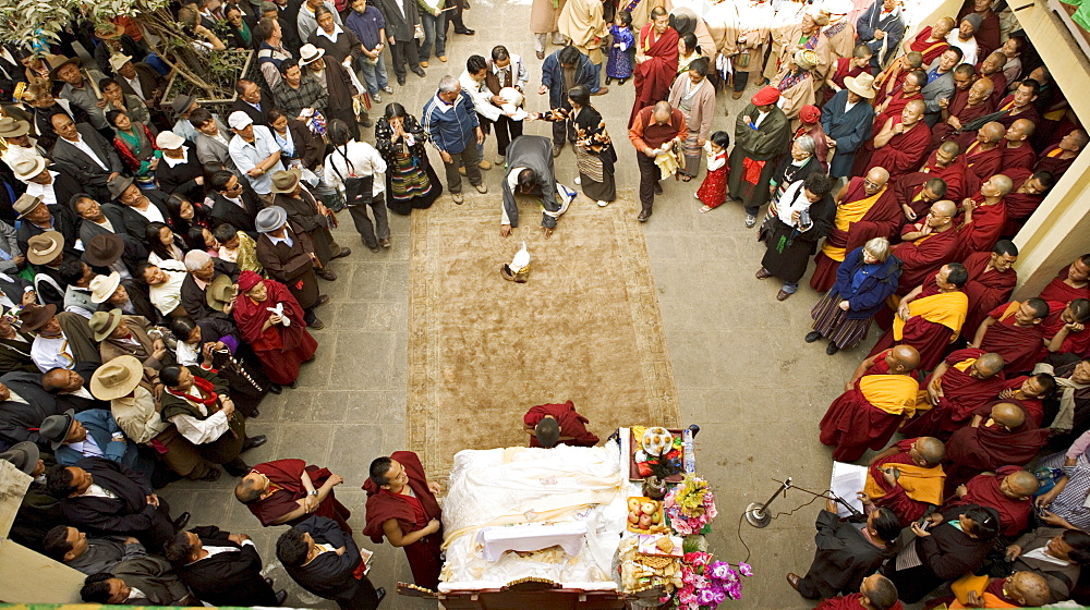 Tibetan Buddhist monks and exiled Tibetan people celebrate Lhosar, the Tibetan new year, Samtenling monastery, next to Boudha or Bodhnath stupa, Kathmandu, Nepal, Asia. 