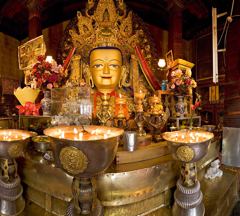 Panorama of Tibetan Buddhist chapel at Drepung monastery, Lhasa, Tibet, China, Asia