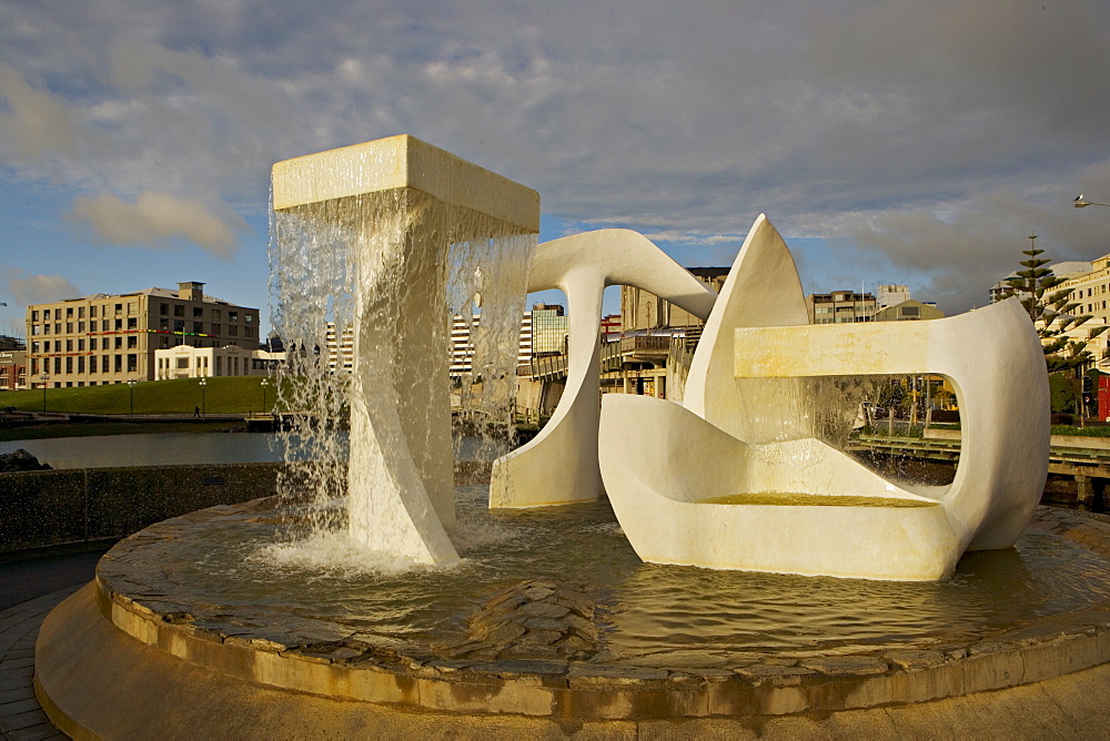 Sculpture with water fall on the edge of Frank Kitts Park, Wellington, North Island, New Zealand, Pacific