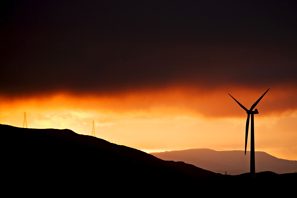 Windmill and power lines at dawn, part of a windfarm overlooking Palmerston North, Manawatu, North Island, New Zealand, Pacific