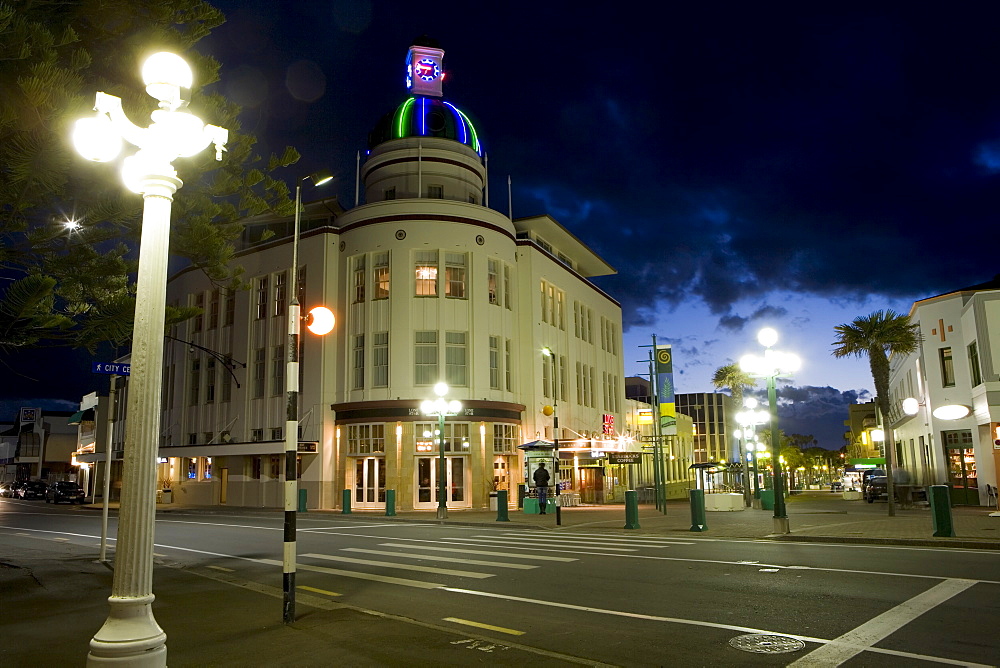 Lampost and Deco clock tower in the Art Deco city of Napier, North Island, New Zealand, Pacific