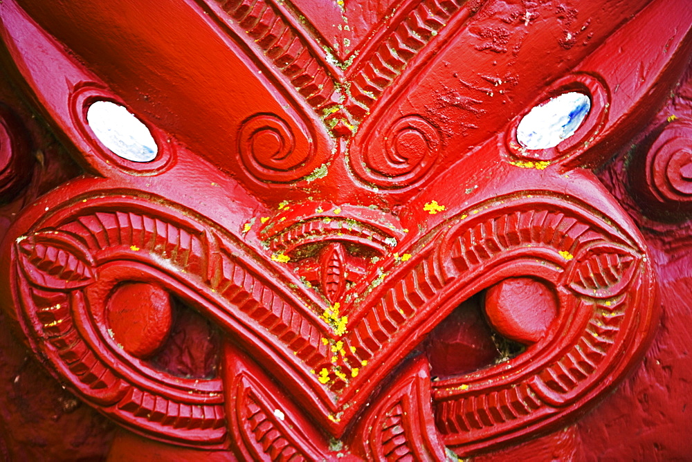 Close-up of wood carving at entrance to a Maori meeting hall, Te Poho-o-Rawiri Meeting House, Gisborne, North Island, New Zealand, Pacific