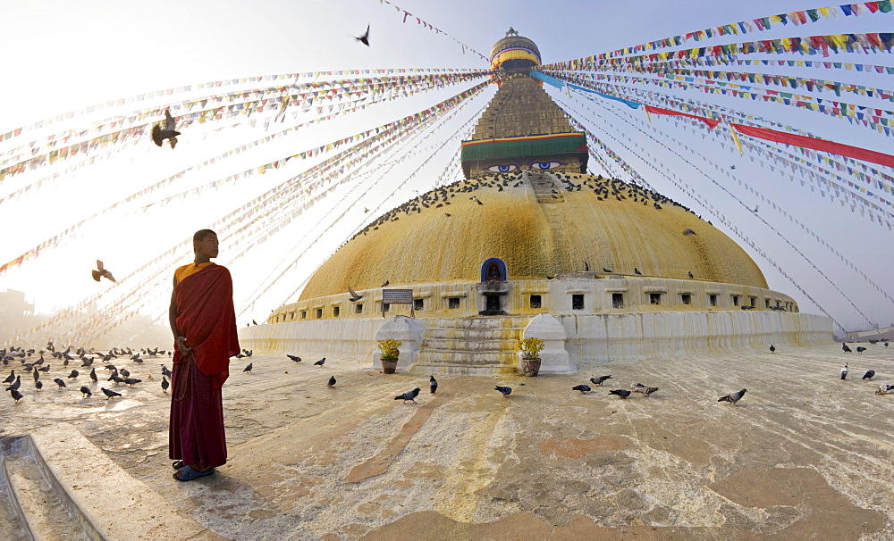 Young Buddhist monk turns to look at the dome of Boudha (Bodhnath) (Boudhanath) Tibetan stupa in Kathmandu, UNESCO World Heritage Site, Nepal, Asia