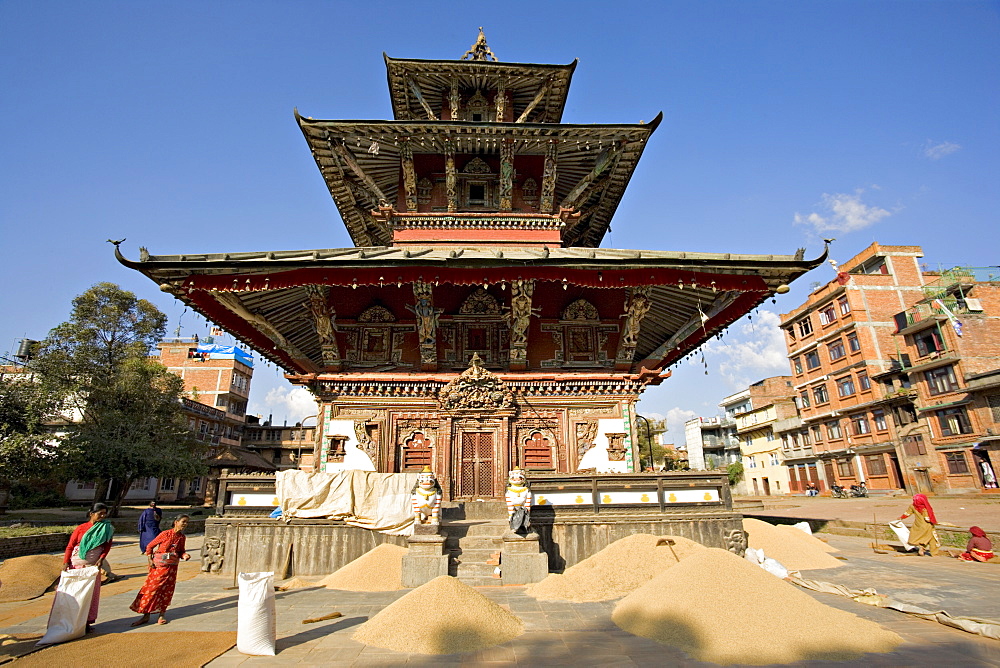 Piles of rice harvested throughout the valley in October in the courtyard of Rato Machendranath temple in Patan, a  pagoda with three tiers, close to Kathmandu, UNESCO World Heritage Site, Nepal, Asia