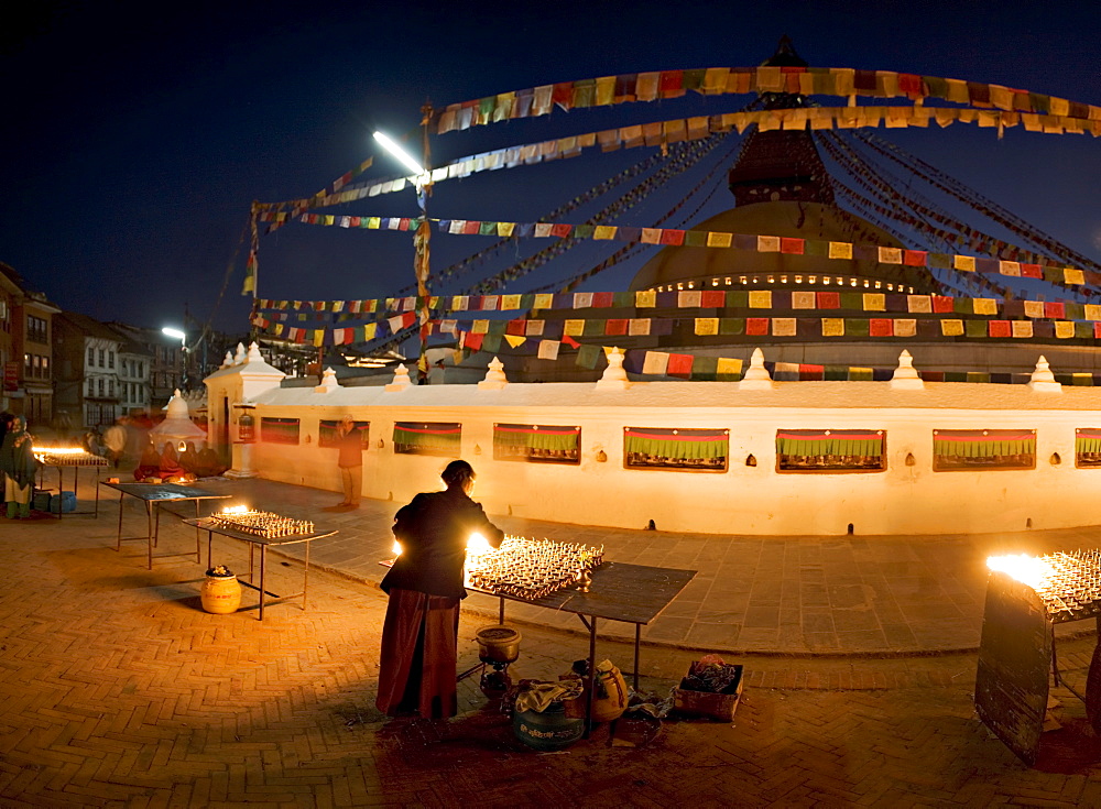 Boudha, a large Tibetan stupa at Bodhnath, shortly before sunrise on the first day of Lhosar (Tibetan New Year), UNESCO World Heritage Site, Kathmandu, Nepal, Asia