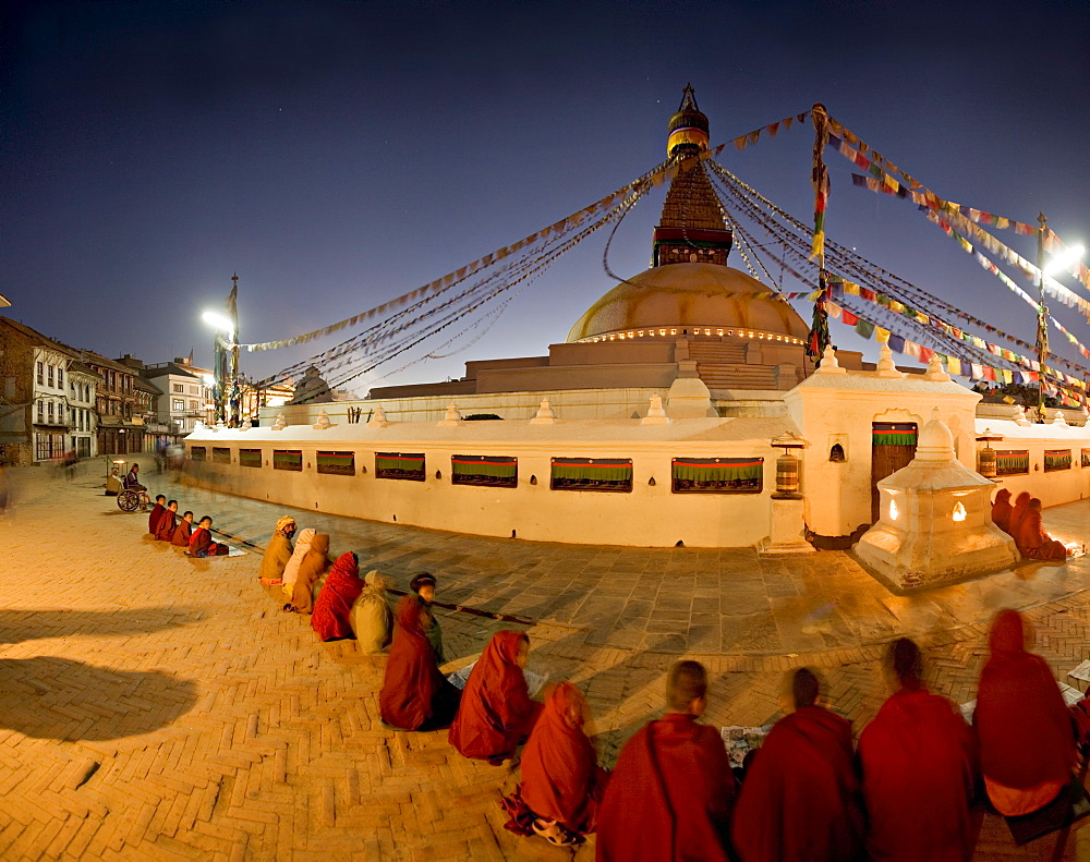 Panoramic image of Boudha, a large Tibetan stupa at Bodhnath, shortly before sunrise on the first day of Lhosar (Tibetan New Year), UNESCO World Heritage Site, Kathmandu, Nepal, Asia