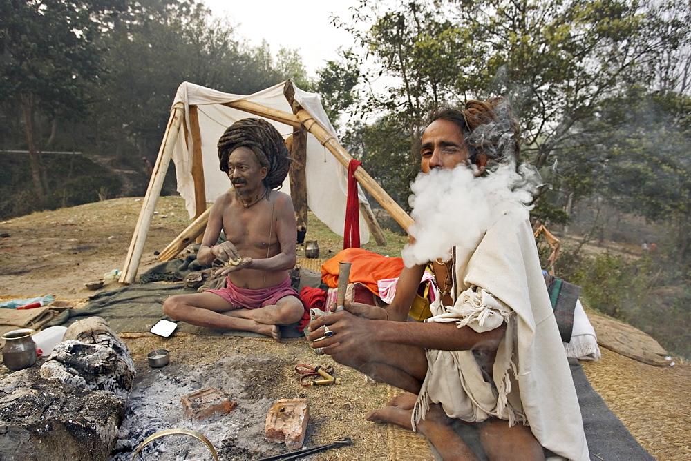 Two Sadhus smoke marijuana on the one day of the year when it is legal, during the Hindu festival of Shivaratri, Pashupatinath, Kathmandu, Nepal, Asia