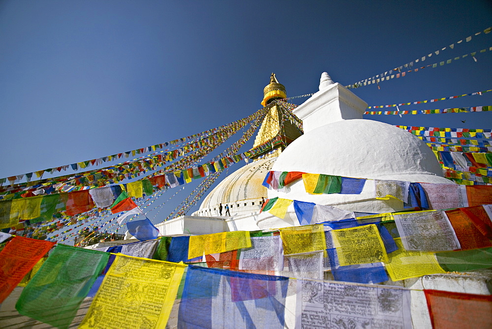 Buddhist stupa known as Boudha at Bodhanath, Kathmandu, Nepal. Taken at Lhosar, the Tibetan new year, hence the abundance of new prayer flags.