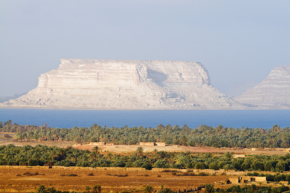 Birket Siwa (Siwa Lake) and Jebel Beida (White Mountains), Siwa Oasis, Western Desert, Egypt,  North Africa, Africa