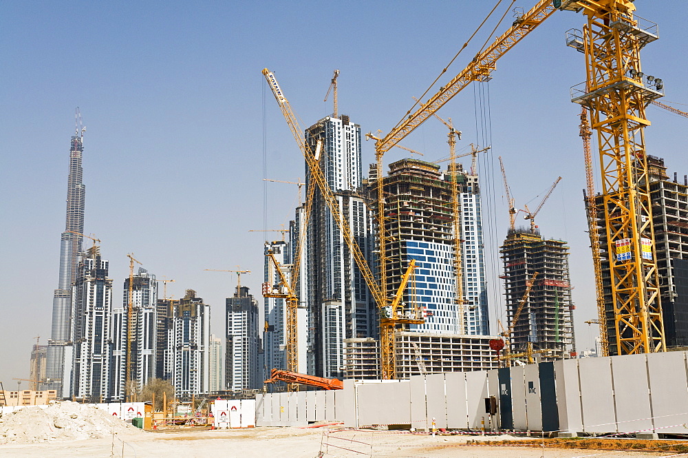 Construction site along Sheik Zayed Road, Dubai, United Arab Emirates, Middle East