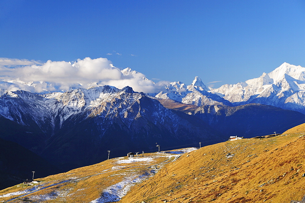 View from Fiescheralp of Matterhorn and Mischabel in background, Switzerland, Europe