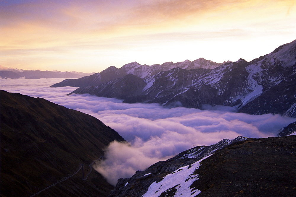 Ortler Group and morning fog, Stilfserjoch National Park, Alps, Italy, Europe