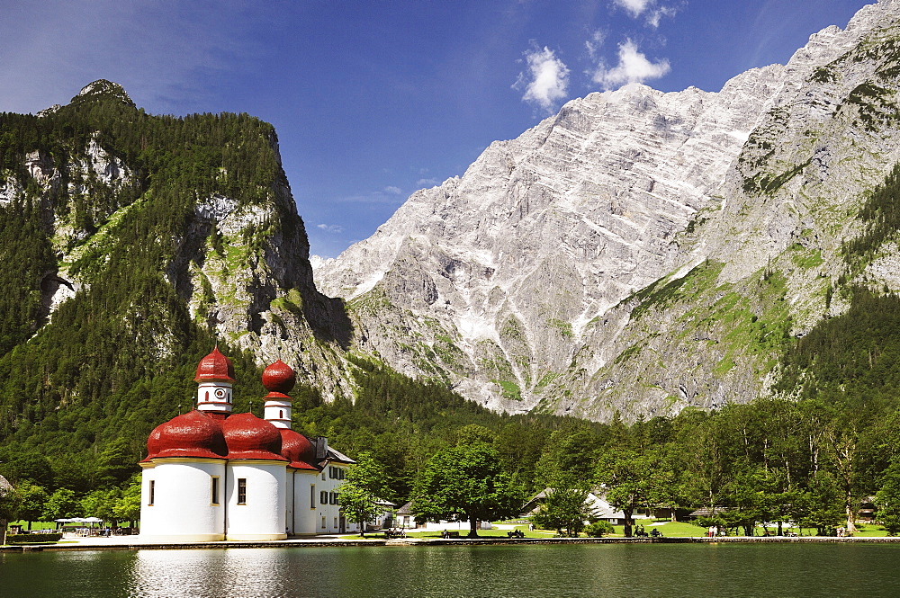 St. Bartholomae Church and the eastern face of the Watzmann, Koenigssee, Berchtesgadener Land, Bavaria, Germany, Europe