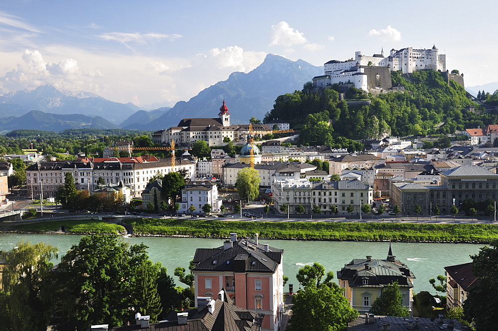 View of the old town and fortress Hohensalzburg, seen from Kapuzinerberg, Salzburg, Austria, Europe