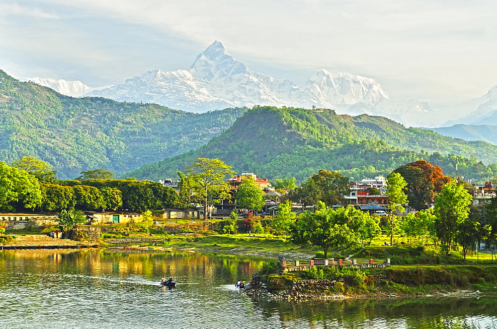 Annapurna Himal, Machapuchare and Phewa Tal seen from Pokhara, Gandaki Zone, Western Region, Nepal, Himalayas, Asia