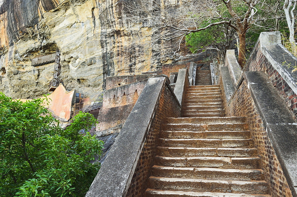 Stairs leading to top of Sigiriya (Lion Rock), UNESCO World Heritage Site, Sri Lanka, Asia