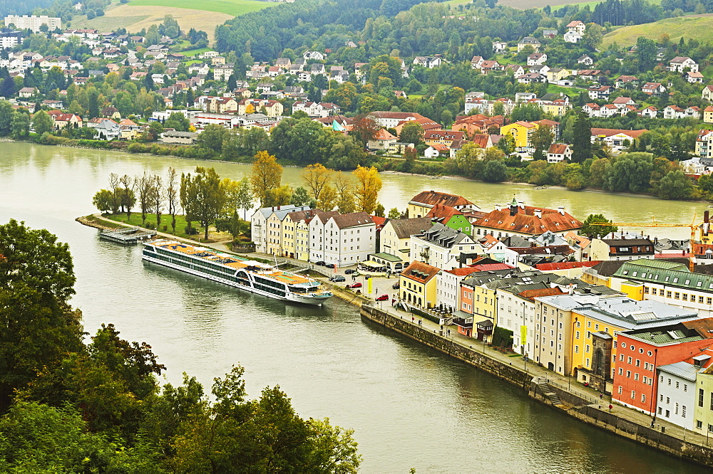 View of Passau with rivers Danube and Inn, Bavaria, Germany, Europe