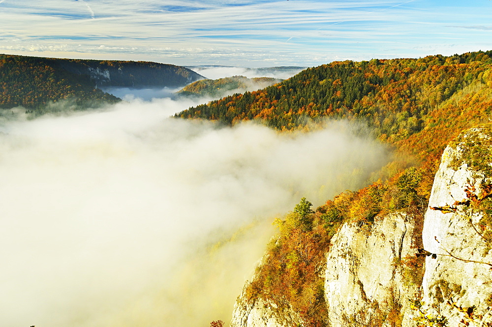 View from Eichfelsen of the Donautal (Danube Valley), near Beuron, Baden-Wurttemberg, Germany, Europe