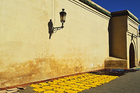 Leather drying in sun at Koutoubia Mosque, Marrakesh, Morocco,North Africa, Africa