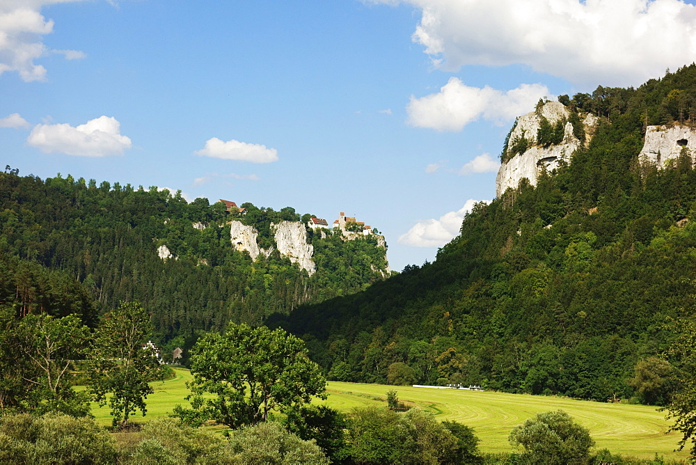 View of Donautal (Danube valley), Schaufelsen and Werenwag Castle, Swabian Alb, Baden-Wurttemberg, Germany, Europe 