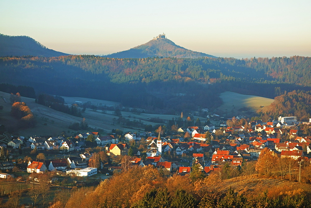 View of Jungingen and Hohenzollern Castle, Swabian Alb, Baden-Wurttemberg, Germany, Europe 