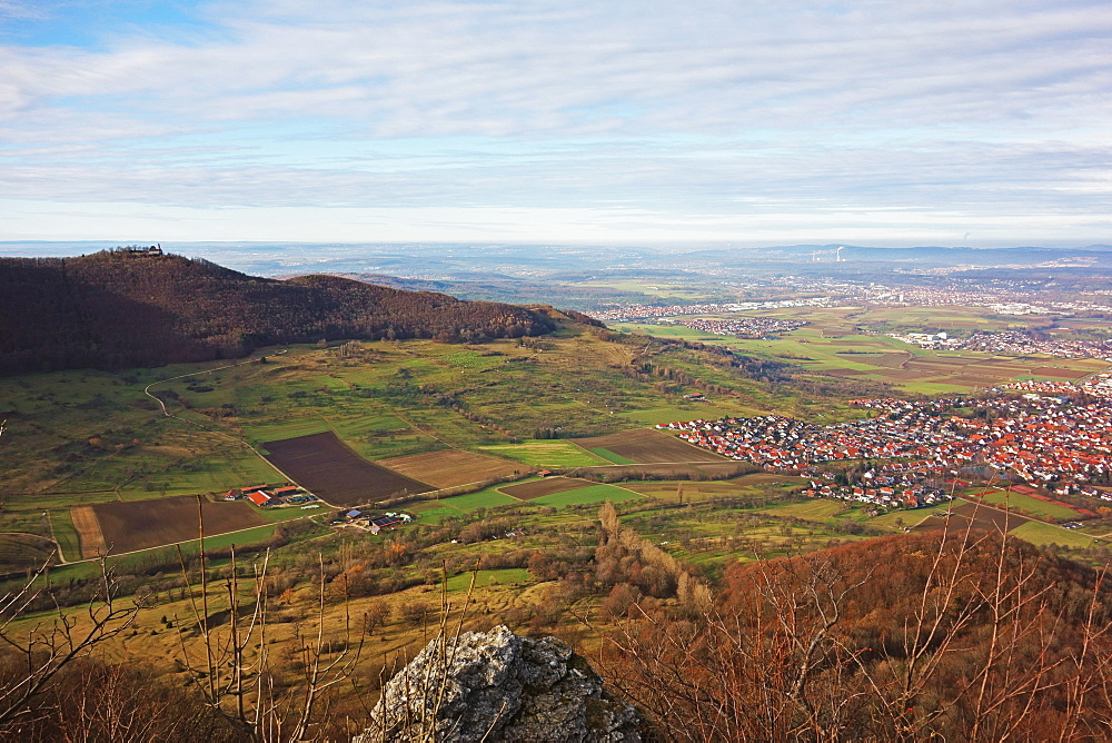 View from Teck towards Kirchheim, Swabian Alb, Baden-Wurttemberg, Germany, Europe 