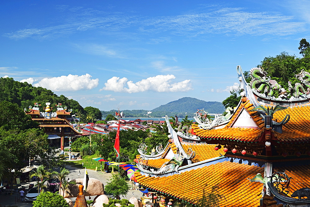 View of Pangkor Town and Fu Lin Kung Temple, Pulau Pangkor (Pangkor Island), Perak, Malaysia, Southeast Asia, Asia