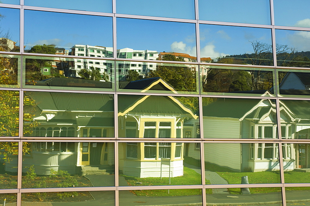 Houses reflected in windows, Dunedin, Otago, South Island, New Zealand, Pacific