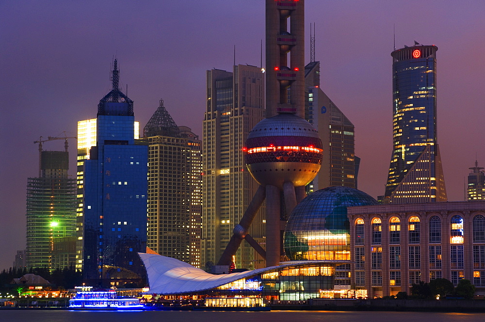 Lujiazui Finance and Trade zone, with Oriental Pearl Tower, and Huangpu River, Pudong New Area, Shanghai, China, Asia