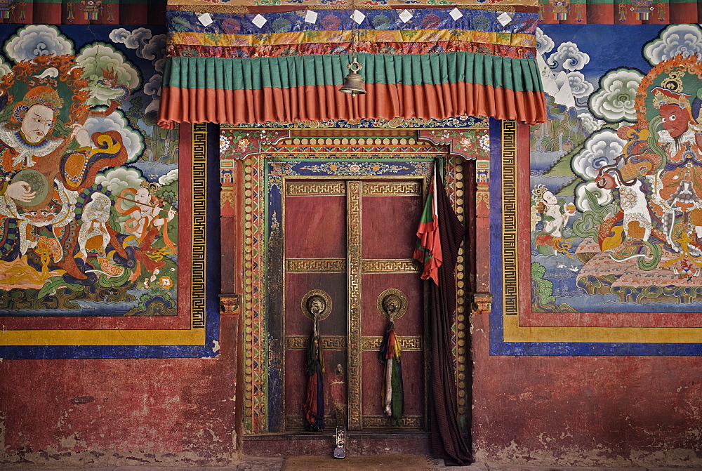 Door and wall paintings, Lamayuru gompa (monastery), Lamayuru, Ladakh, Indian Himalaya, India, Asia