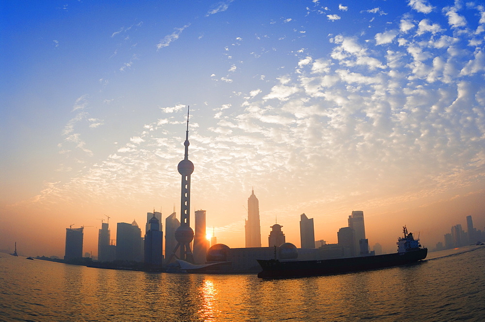 Lujiazui Finance and Trade zone, with Oriental Pearl Tower, and Huangpu River, Pudong New Area, Shanghai, China, Asia