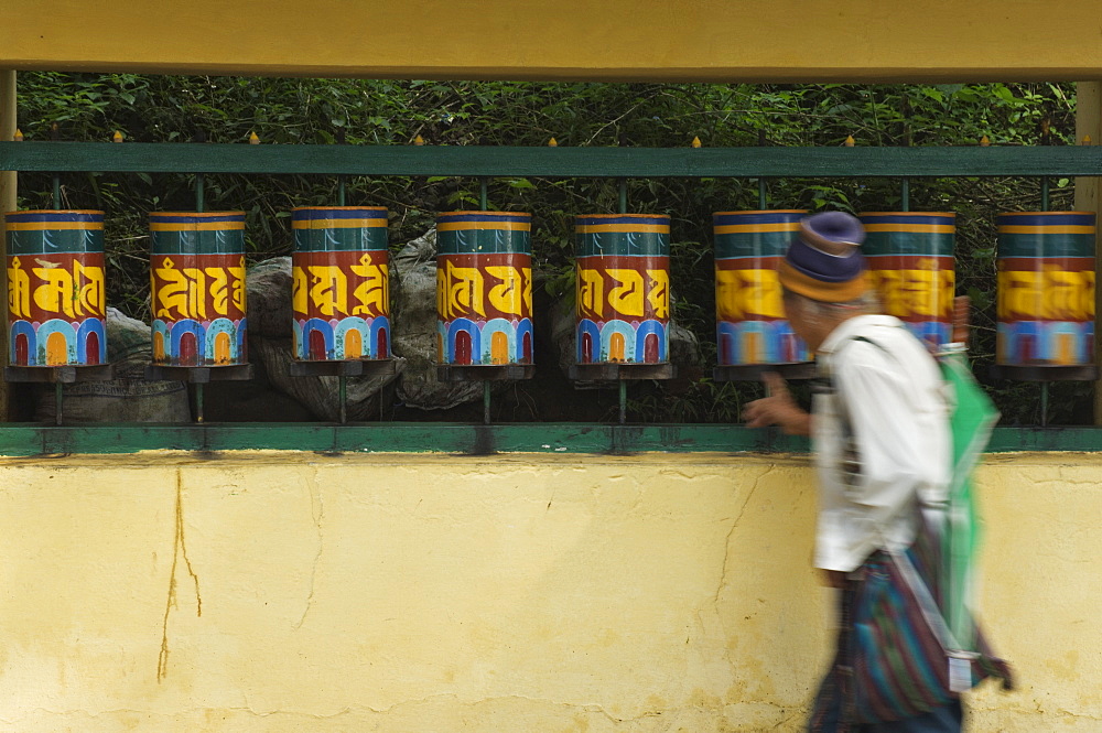 Buddhist turning prayer wheels, McLeod Ganj, Dharamsala, Himachal Pradesh state, India, Asia