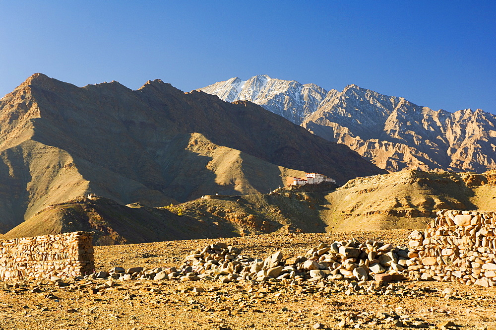 Matho gompa (monastery) and Stok-Kangri massif, Ladakh, Indian Himalaya, India, Asia