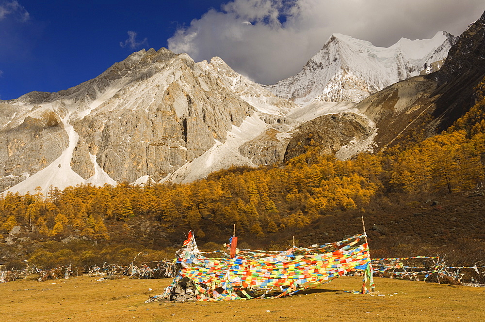 Prayer flags and Xiaruoduojio mountain, Yading Nature Reserve, Sichuan Province, China, Asia