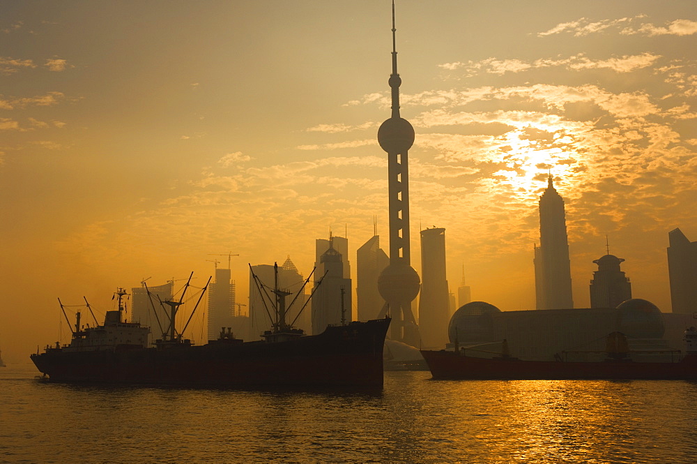 Lujiazui Finance and Trade zone, with Oriental Pearl Tower, and Huangpu River, Pudong New Area, Shanghai, China, Asia