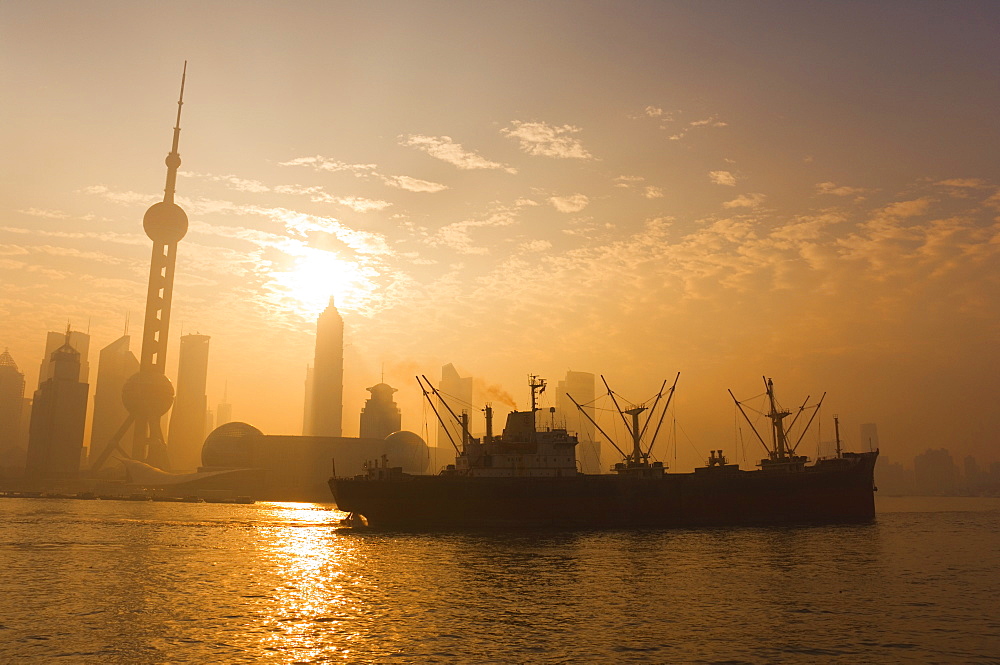 Lujiazui Finance and Trade zone, with Oriental Pearl Tower, and Huangpu River, Pudong New Area, Shanghai, China, Asia