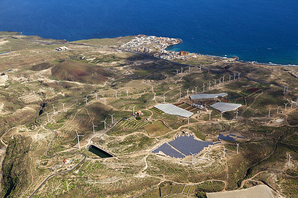 Aerial View of Solar Collectors and Wind power station, Tenerife, Spain