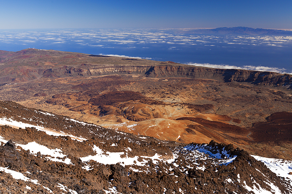 View from Teide Summit to Caldera Landscape of Teide National Park, Tenerife, Spain