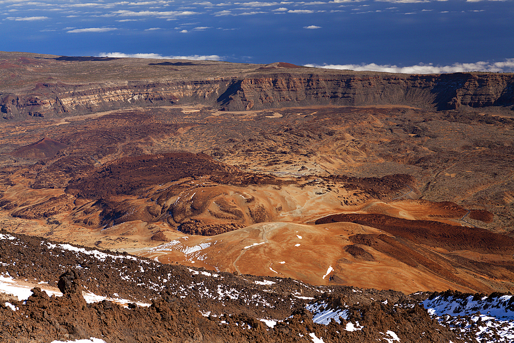 View from Teide Summit to Caldera Landscape of Teide National Park, Tenerife, Spain