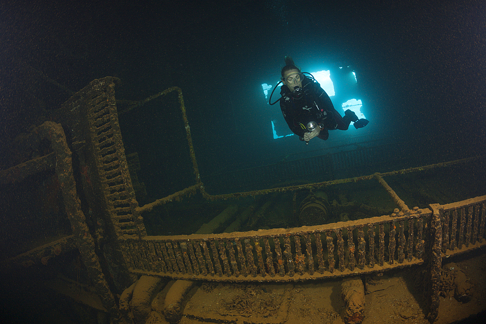 Scuba Diver inside Umbria Wreck, Wingate Reef, Red Sea, Sudan