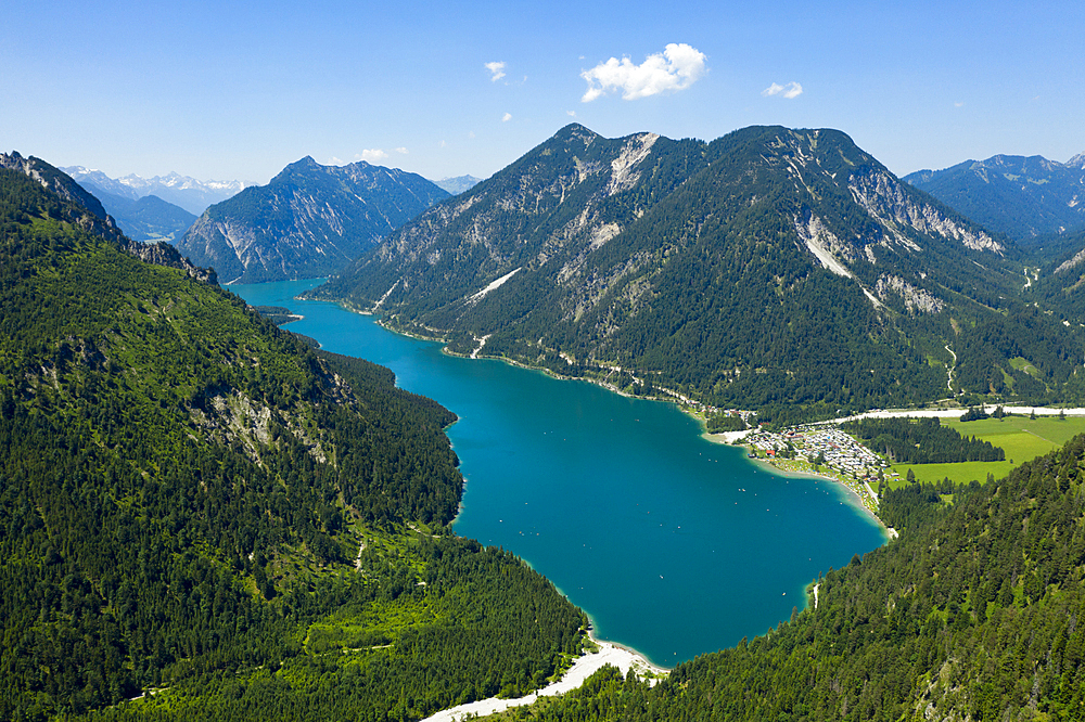 Plansee looking southwest to Soldatenkoepfle and Hochjoch in Background, Tyrol, Austria