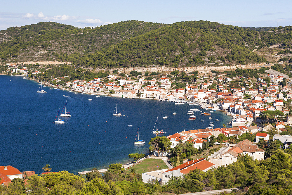 Town and bay of Vis, Vis Island, Mediterranean Sea, Croatia