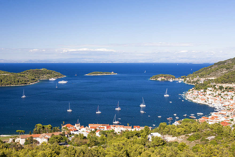 Town and bay of Vis, Vis Island, Mediterranean Sea, Croatia