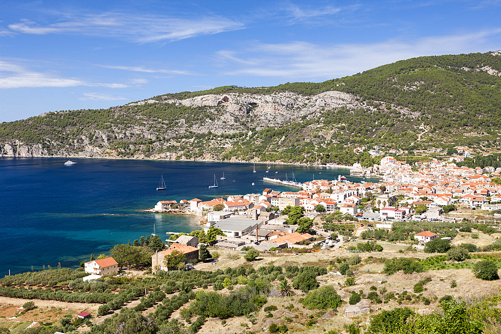 Town and bay of Komiza, Vis Island, Mediterranean Sea, Croatia