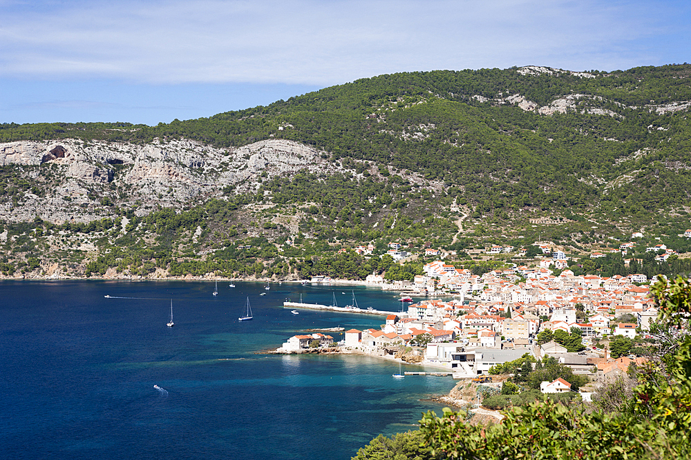 Town and bay of Komiza, Vis Island, Mediterranean Sea, Croatia